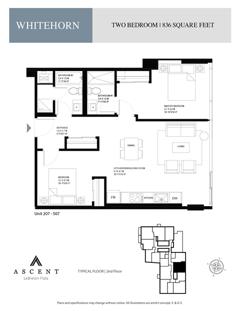 Floor plan for 2 beds, 2 baths, 850 sqft